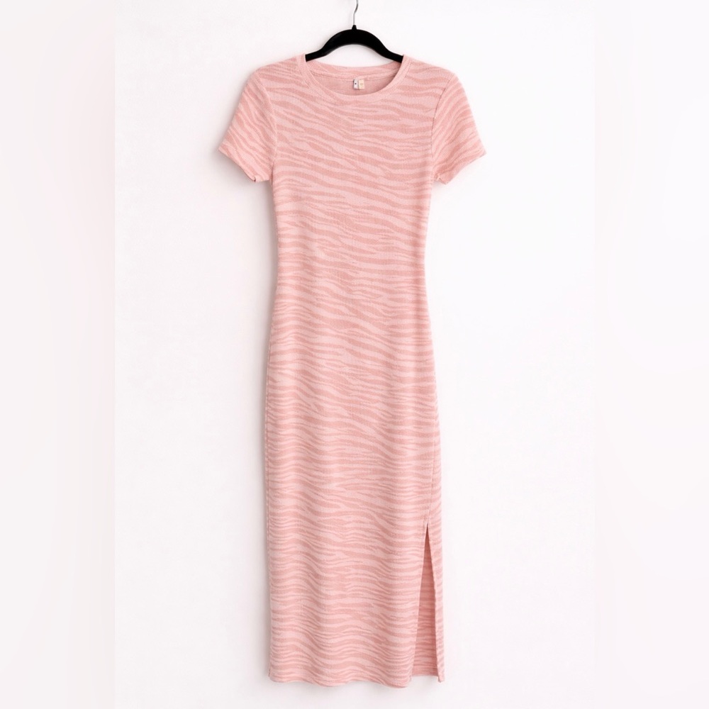 Blush Pink Zebra Print Midi Dress Ribbed Knit Side Slit